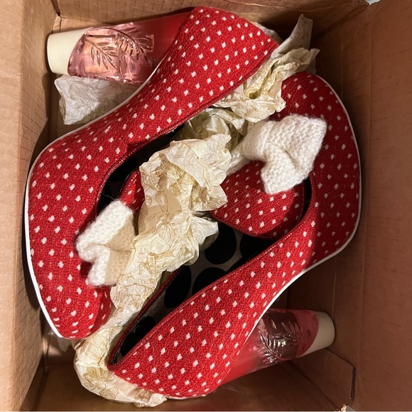 Irregular Choice Red Polka Dot Bow Pumps Retro Vintage Lucite Heel Holiday Cheer - Picture 5 of 9